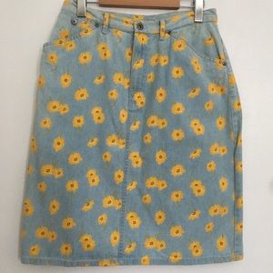 Vintage Denim Skirt with Painted Flowers